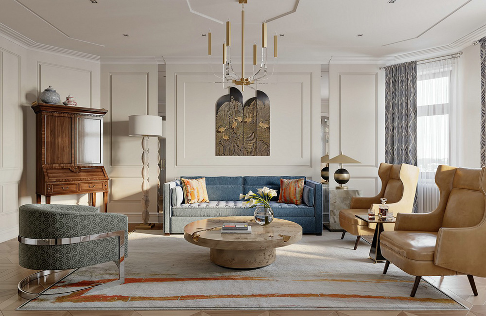 田園輕奢風格室內裝修效果圖-碧桂園新仕界四居180平米-客廳